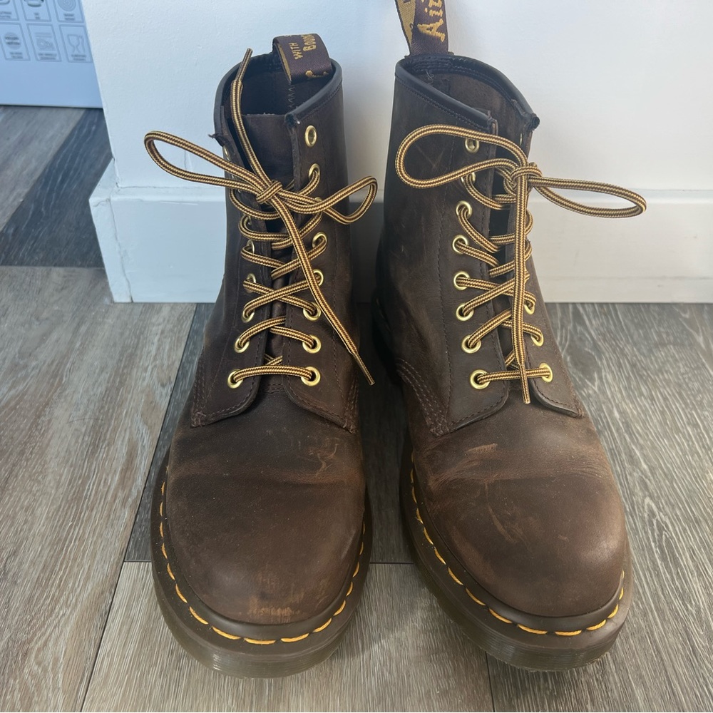 Dr. Martens Brown Leather 8-Eye Lace-Up Boots with Yellow Stitching